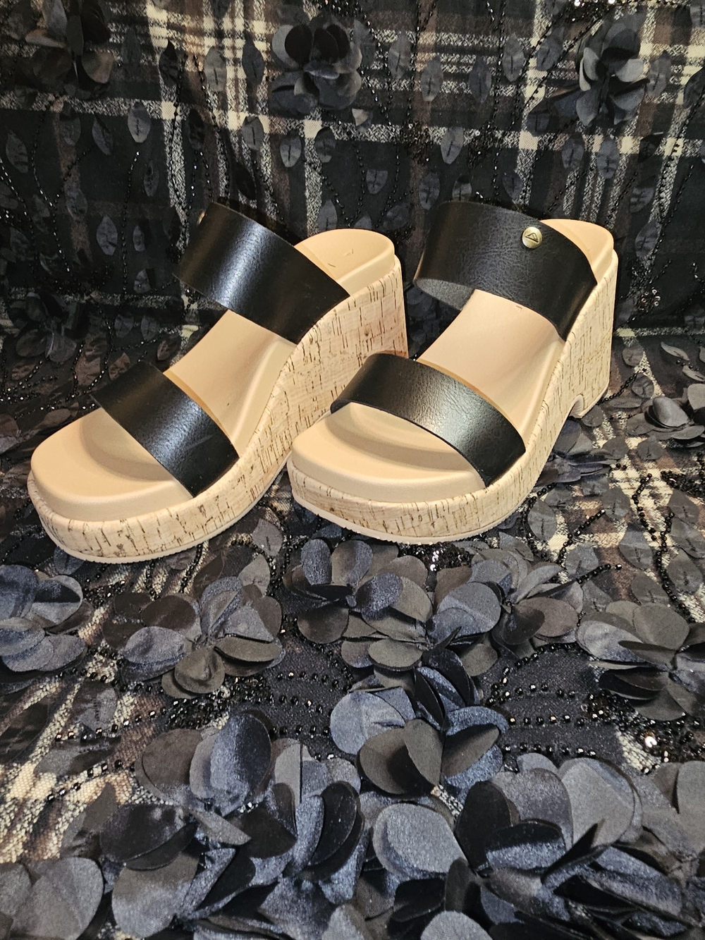 Reef Black Leather Double-Strap Cork Wedges